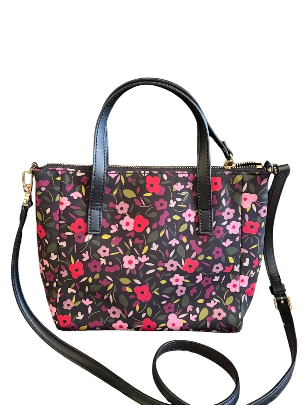 kate spade New York Black Floral Bow Satchel w/ Pink & Red Blooms Crossbody bag